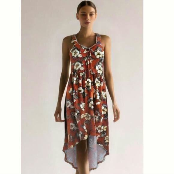 Floral Coquette baby doll maxi dress Orange Hawaiian hi-low sz M Derek Heart - Picture 1 of 7